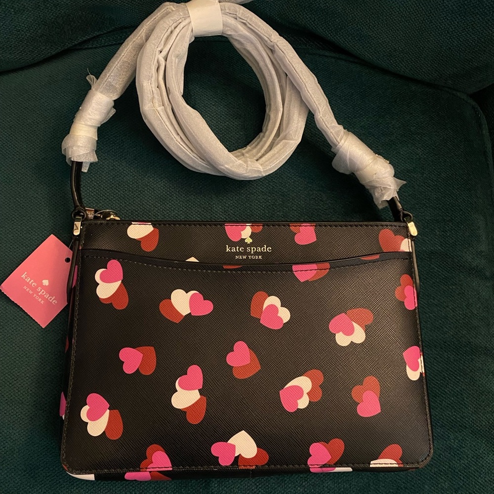 kate spade black crossbody with pink, red and cream heart print